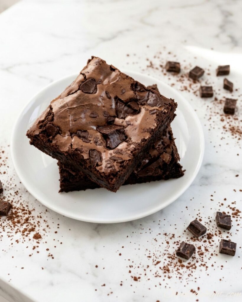 A slice of rich fudgy brownie showing a gooey chocolate interior