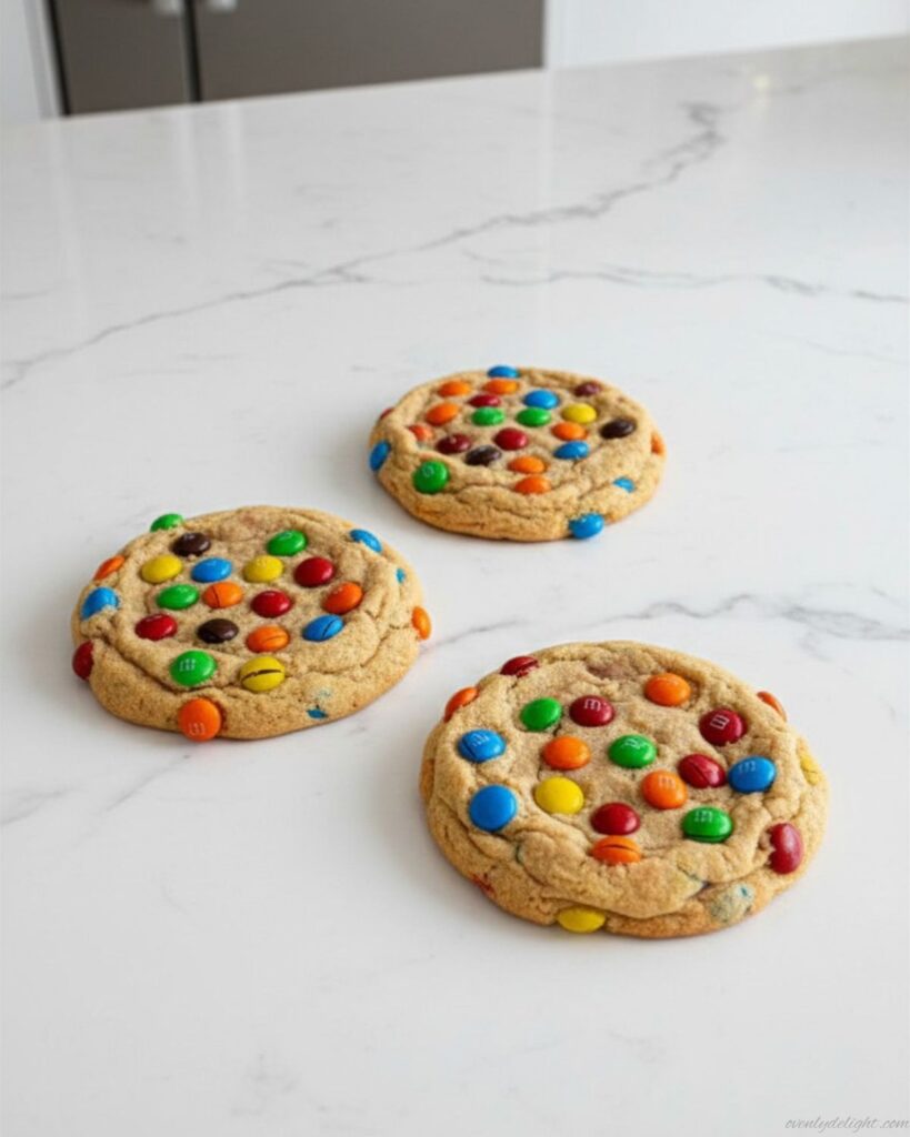 Bakery-style peanut butter cookies filled with vibrant M&M candies and a soft center