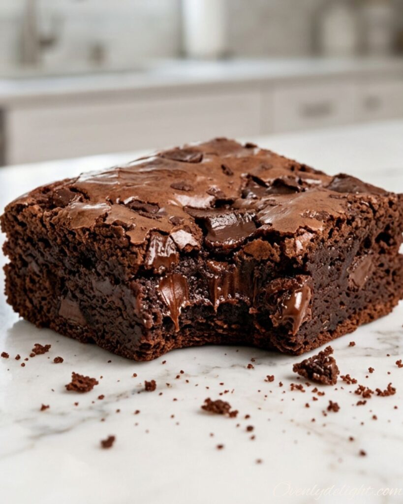 Homemade fudgy brownies cut into neat squares on parchment paper
