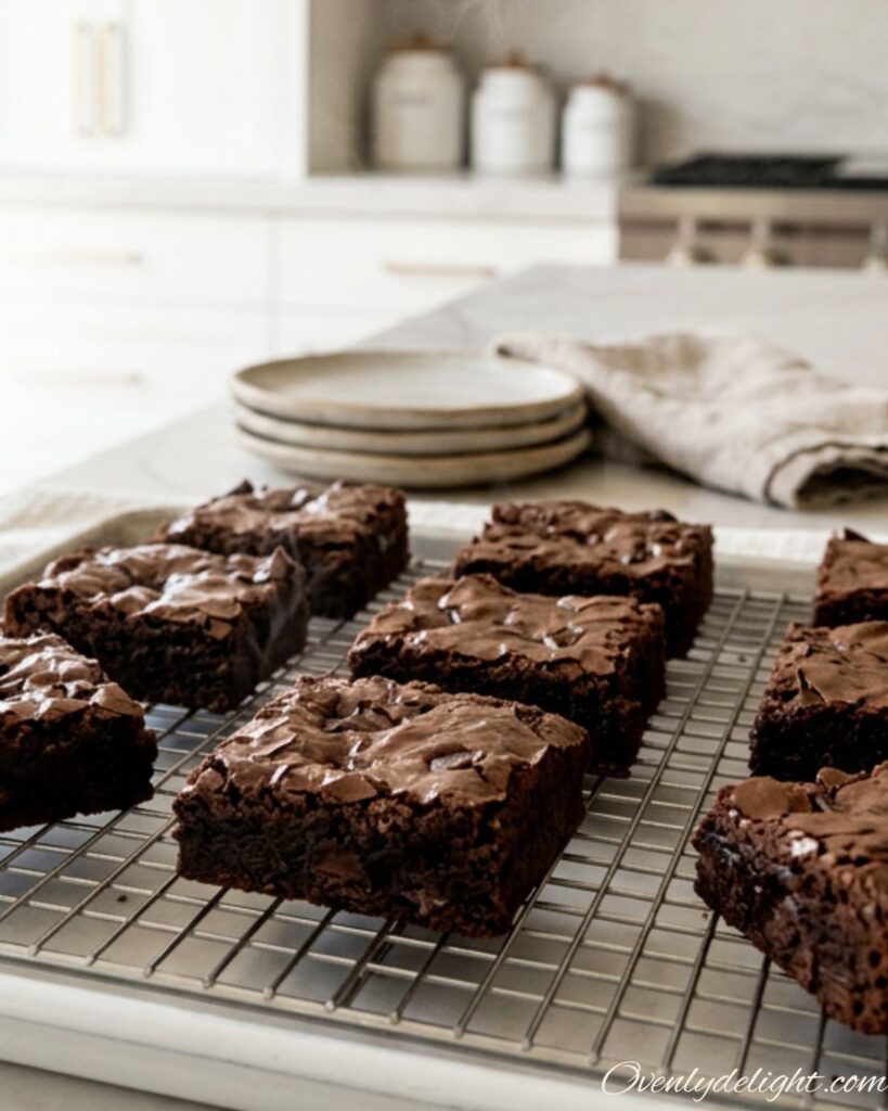Thick, moist chocolate brownies with a glossy crackly top surface