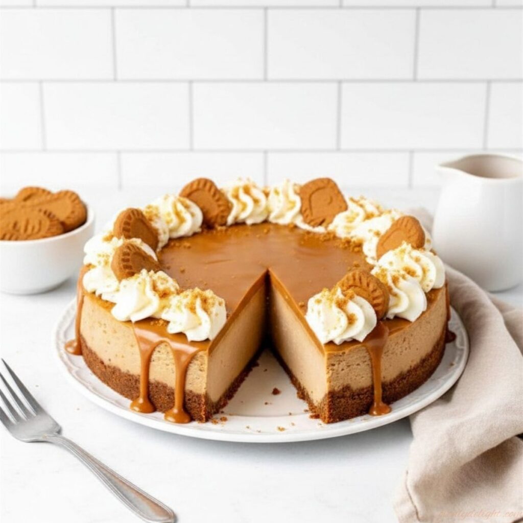 Bakery-style Biscoff cheesecake with a buttery Biscoff cookie crust.