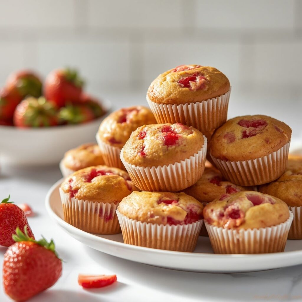 Bakery-style Strawberry Muffins with golden tops and fresh strawberry pieces
