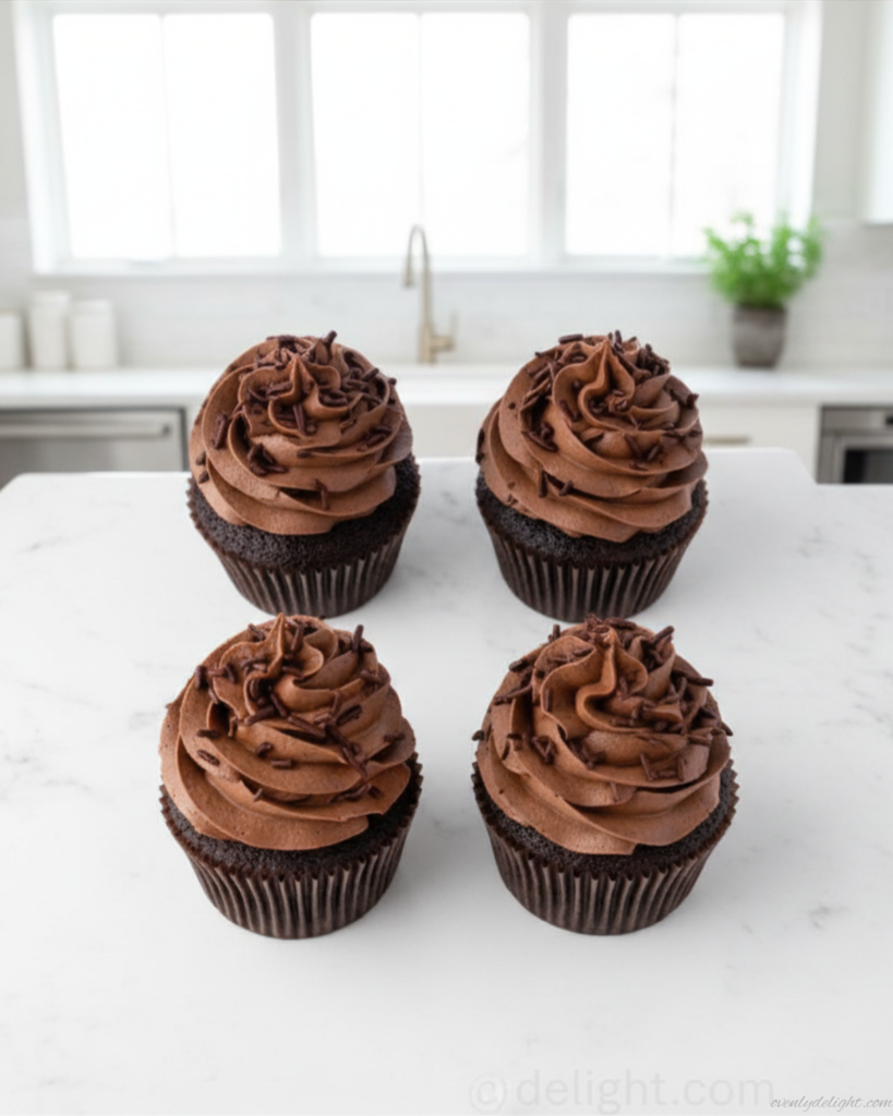 Bakery-style chocolate cupcakes with swirls of chocolate icing on top