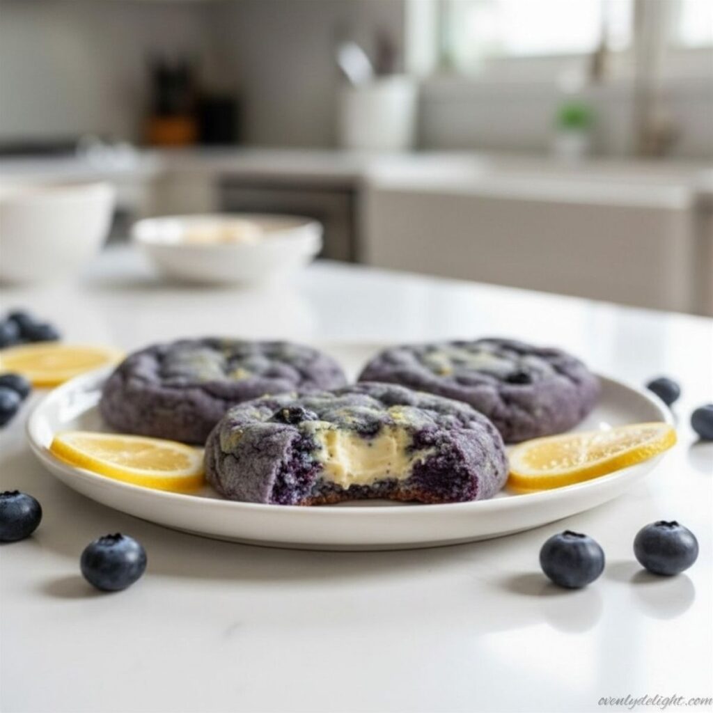 Bakery-style lemon blueberry cheesecake cookies stuffed with cream cheese filling and homemade blueberry jam, soft and chewy texture