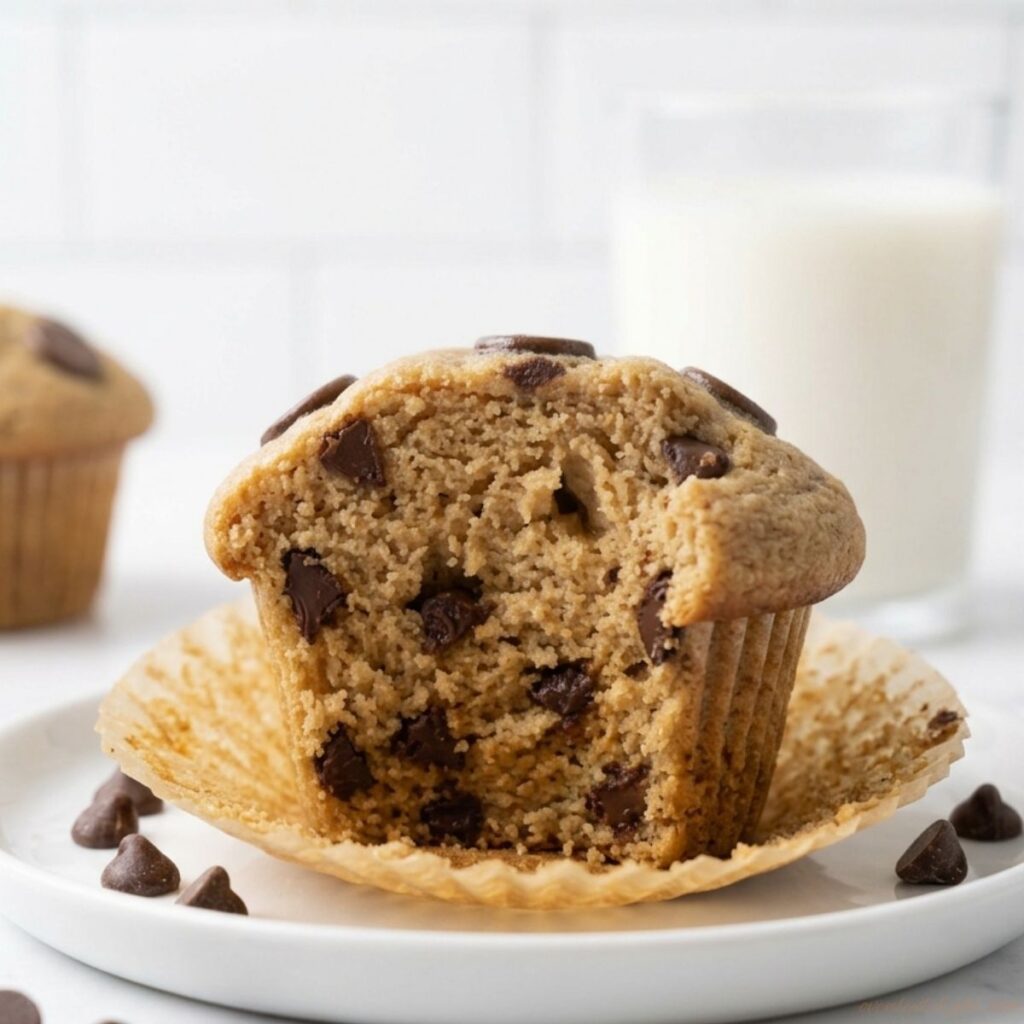 Bakery-style peanut butter muffins with tall domed tops and chocolate chips in natural light.