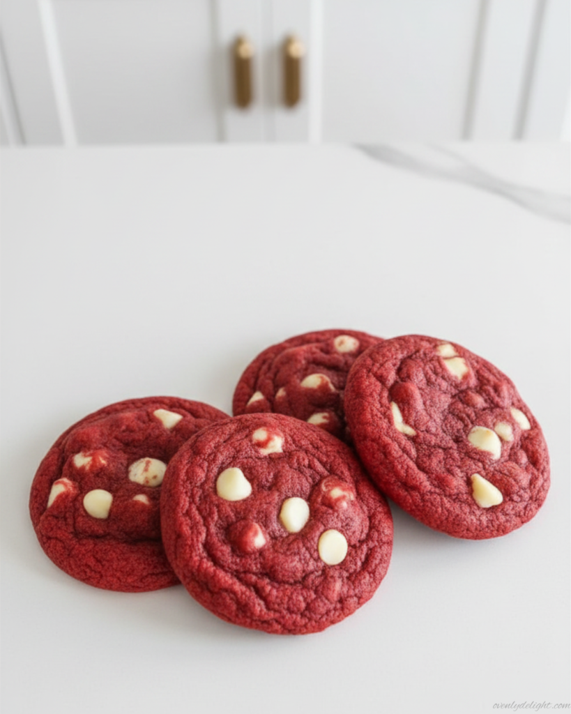 Bakery-style red velvet cookies with rich red color and chocolate chunks