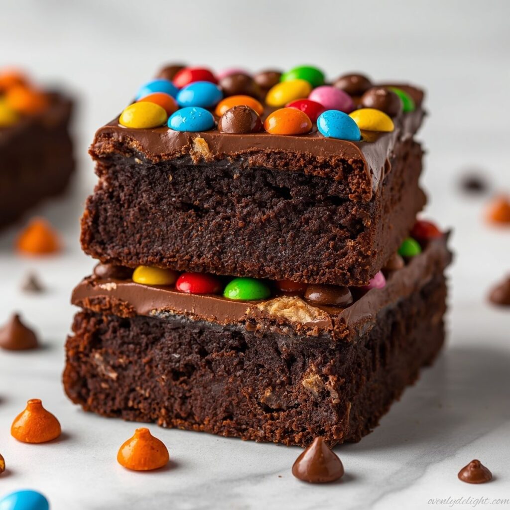 Chocolate Cosmic Brownies with smooth ganache topping and colorful candy chips on a baking tray