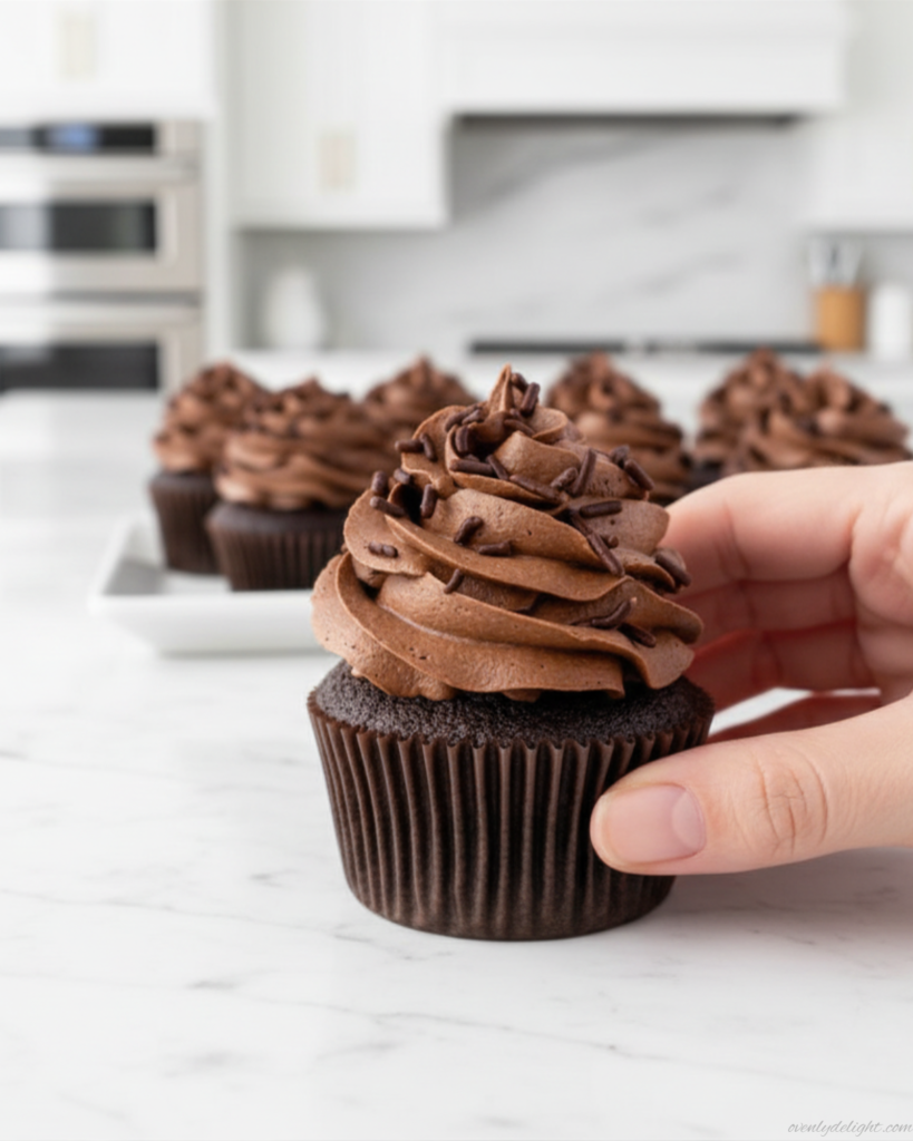 Chocolate cupcakes lined up on a tray with smooth, piped chocolate frosting