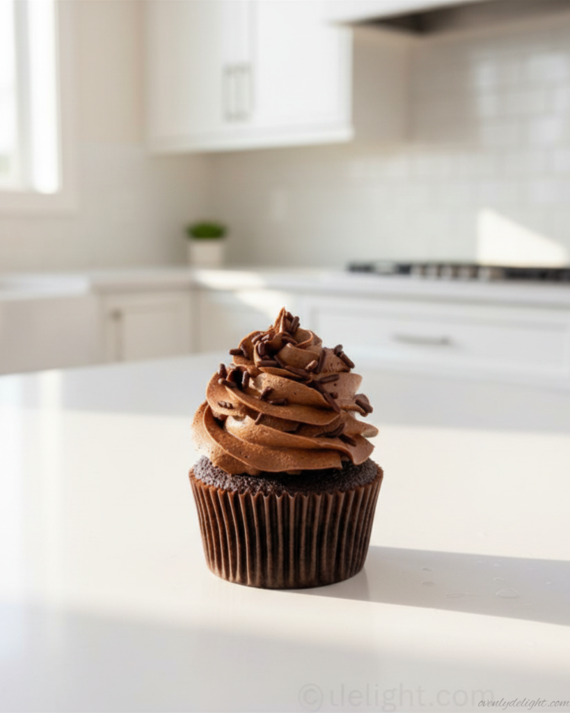 Chocolate cupcakes with glossy chocolate frosting and a soft, fluffy texture