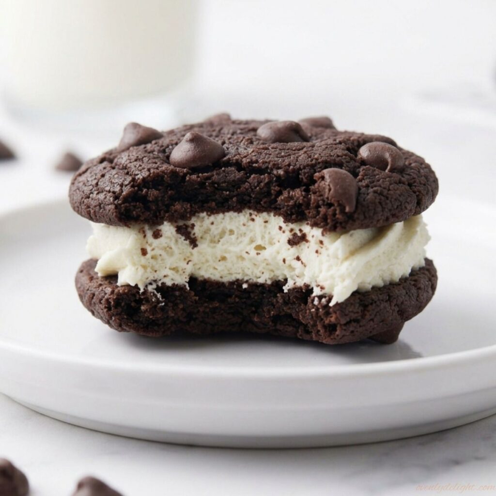 Chocolate sandwich cookies with smooth vanilla frosting inside.