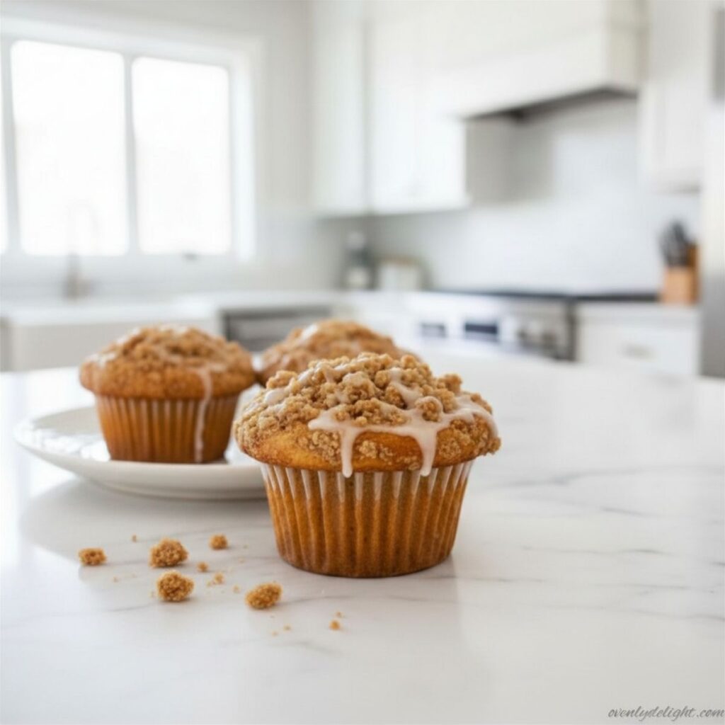 Cinnamon roll muffins baked in a muffin tray with golden tops and cinnamon swirl.