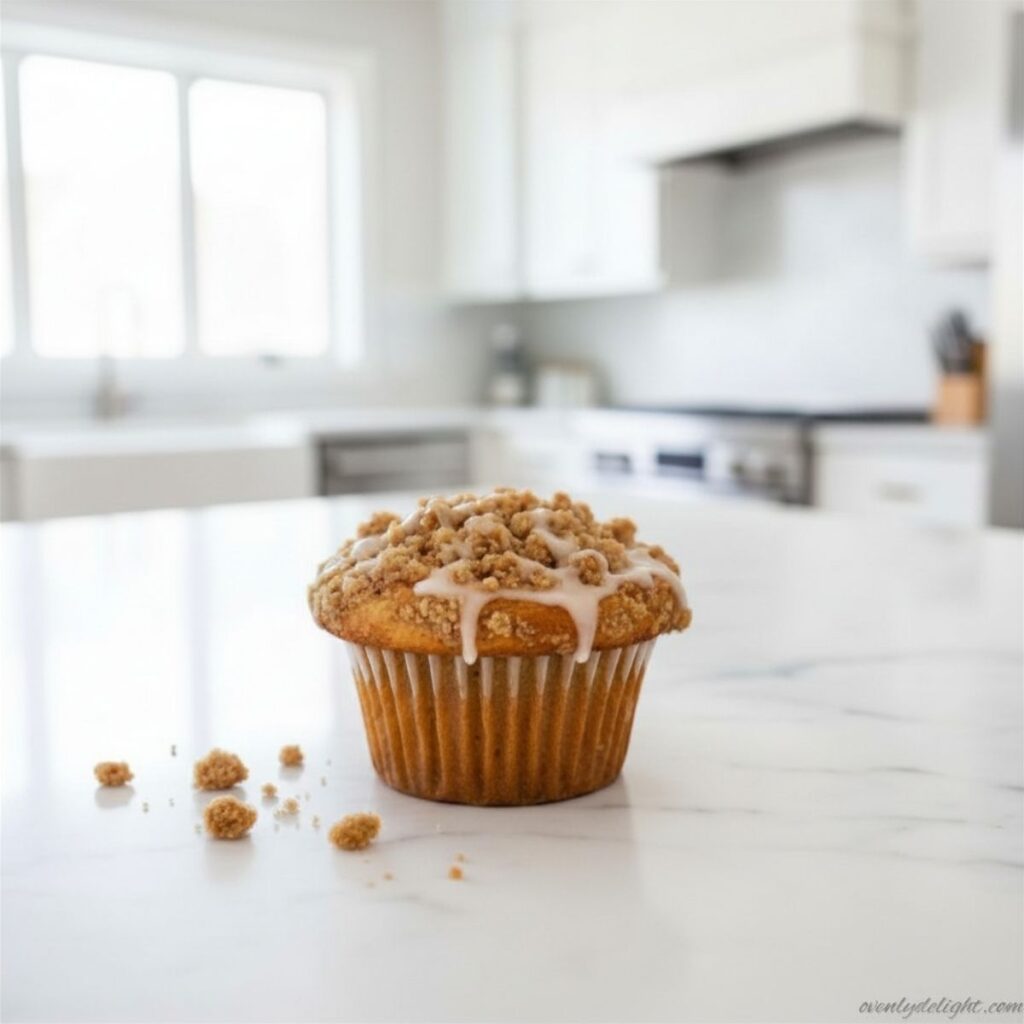 Cinnamon roll muffins served on a plate ready to eat with a sweet glaze on top.
