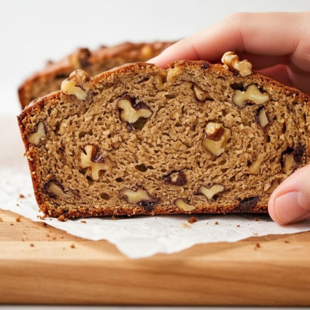 Close-up of a soft moist banana bread slice with walnuts