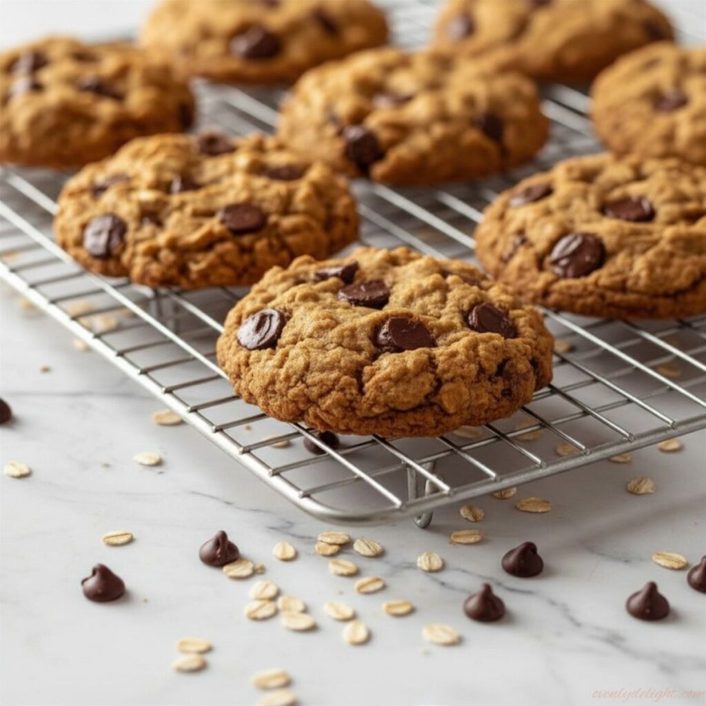 Close-up of a soft oatmeal chocolate chip cookie broken in half with melted chocolate chips inside.