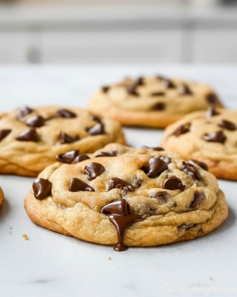 Thick chocolate chip cookies fresh baked on parchment paper cooling on rack