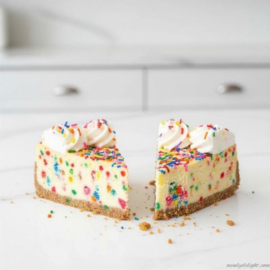 Close-up of creamy funfetti cheesecake filling with rainbow sprinkles folded inside, soft and fluffy no bake dessert texture
