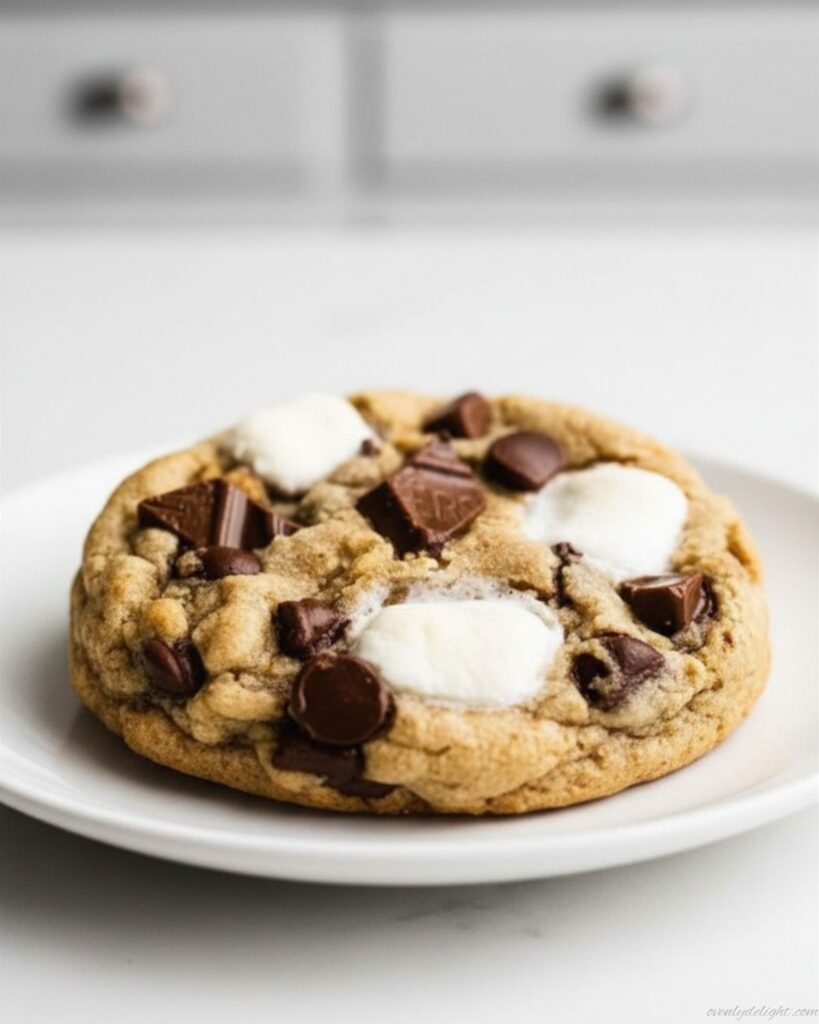 Close-up of homemade s’mores cookies with graham cracker crumbs and chocolate chunks