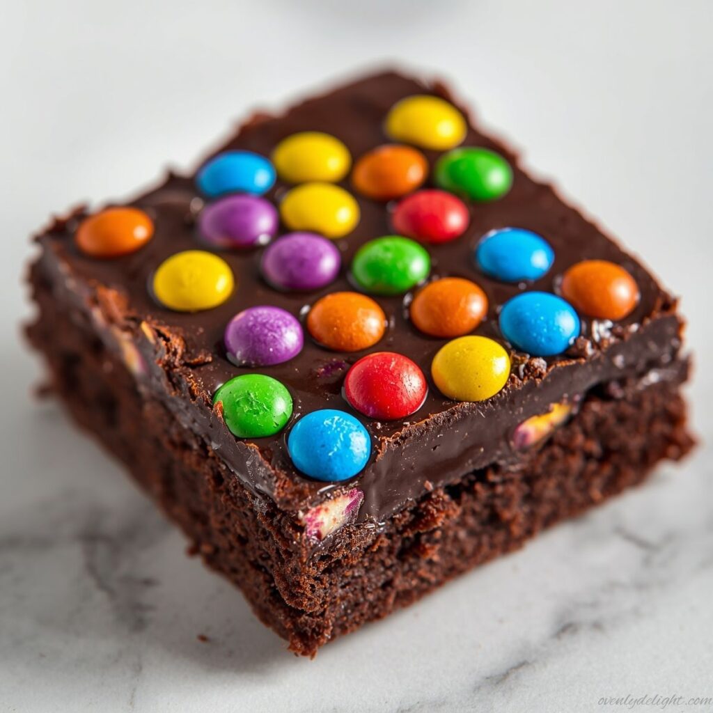 Close-up of rich chocolate Cosmic Brownies with glossy ganache and rainbow candy sprinkles on top