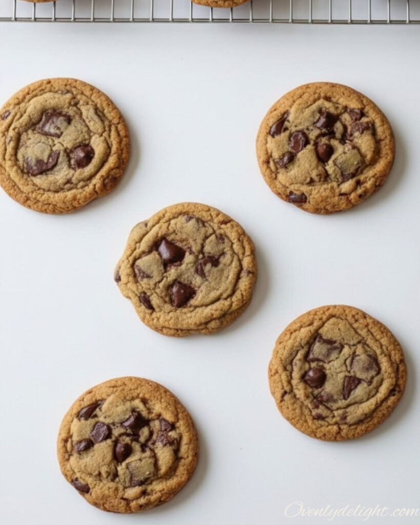 Thick homemade sourdough chocolate chip cookies with crisp edges