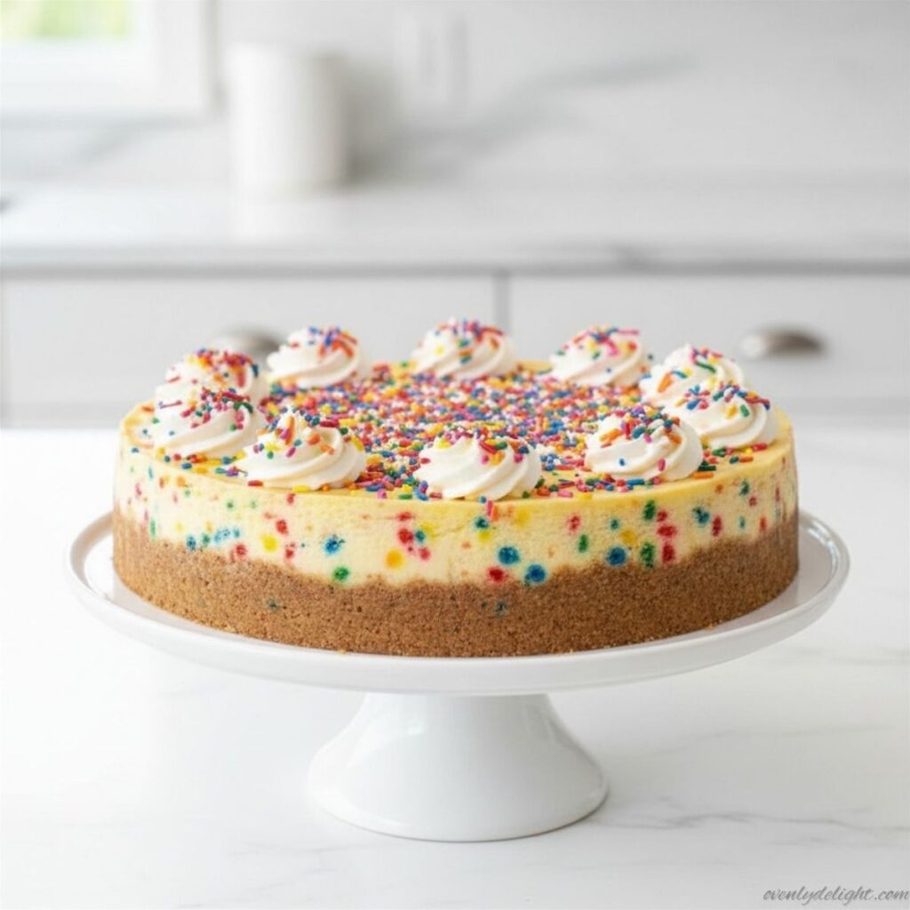 Creamy no bake funfetti cheesecake with graham cracker crust and rainbow sprinkles on top, easy birthday dessert recipe