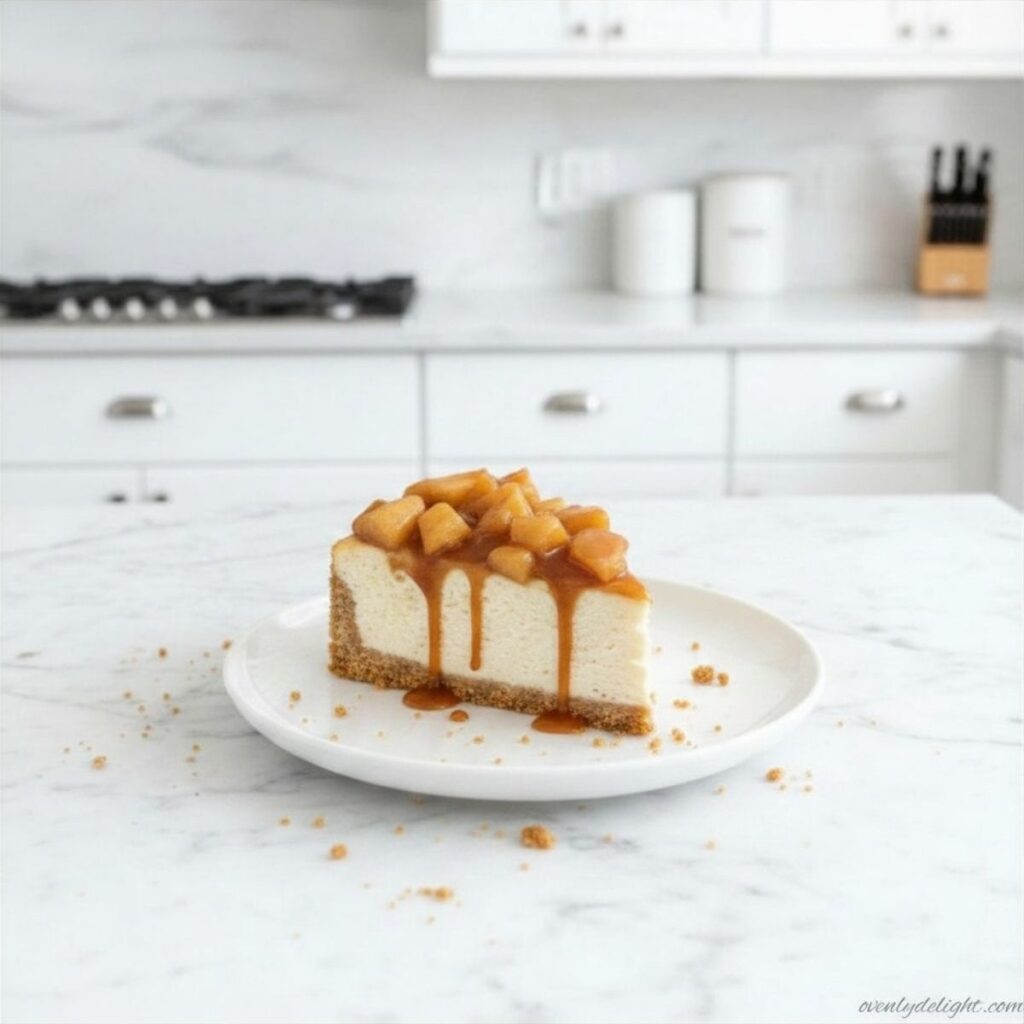 Easy no bake apple cheesecake dessert with whipped cream and spiced apples