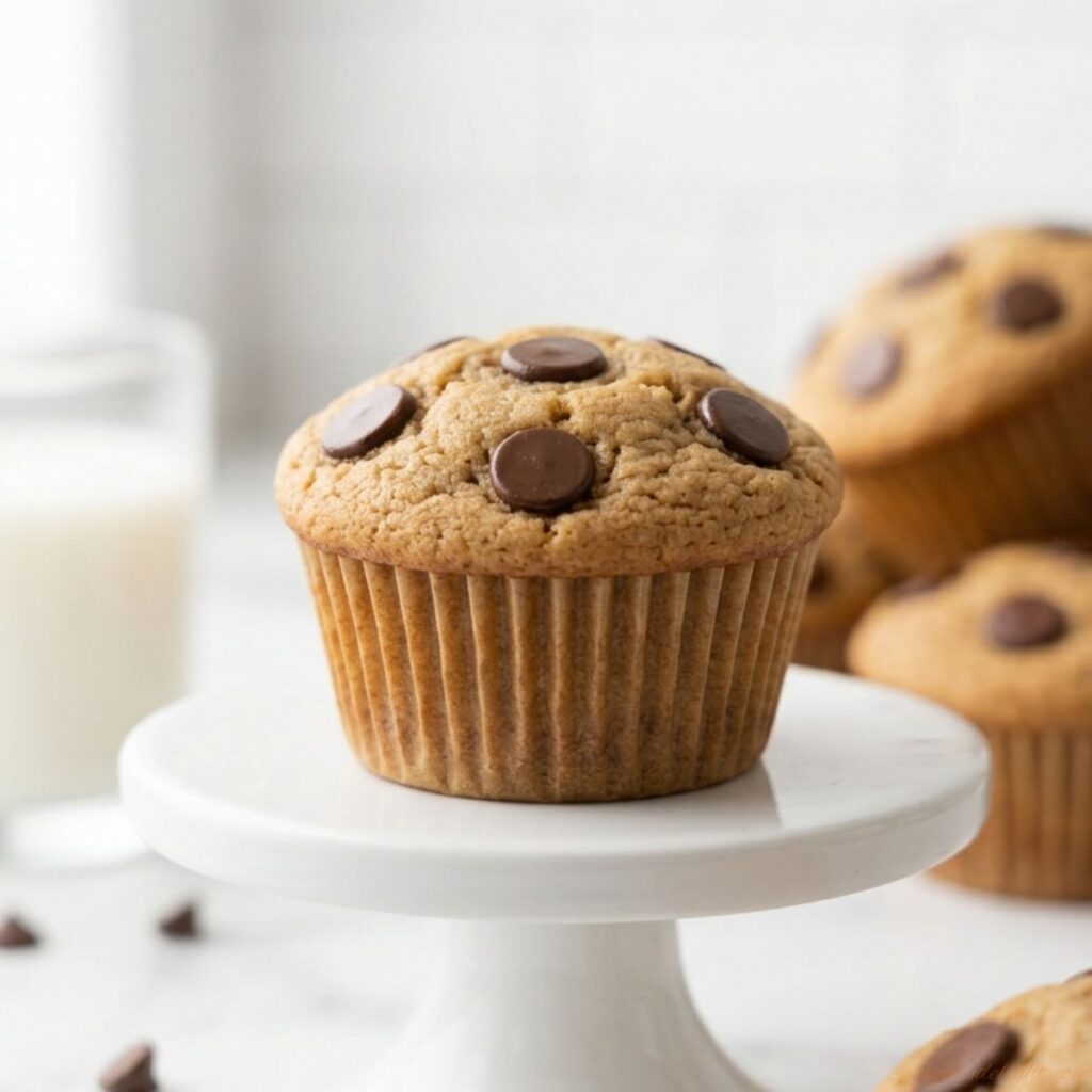 Easy peanut butter muffins with tender crumb and chocolate chips, freshly baked in a muffin pan.
