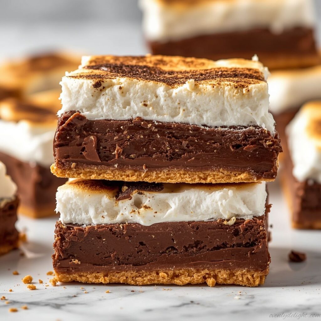 Finished s’mores fudge bars cut into neat squares and served on tray