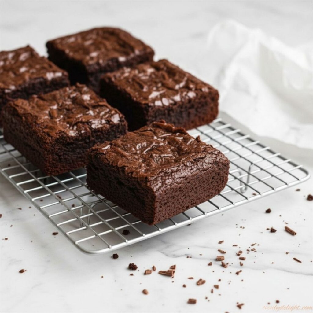 Fresh baked brown butter brownies cooling on a wire rack with fudgy texture and crackly top