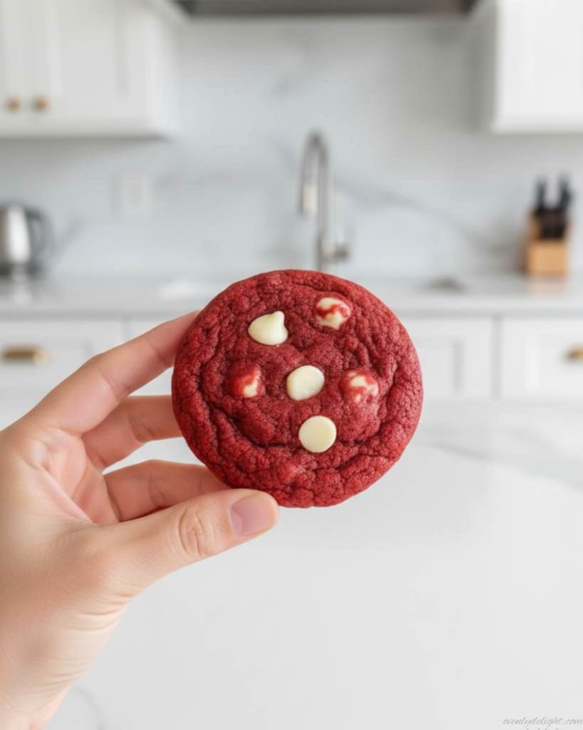 Fresh baked red velvet cookies stacked with white chocolate chips