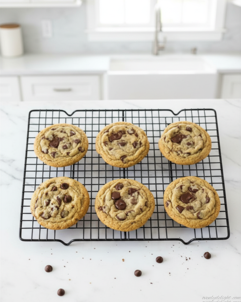 Fresh brown butter chocolate chip cookies cooling on a wire rack with melted chocolate and chewy centers.