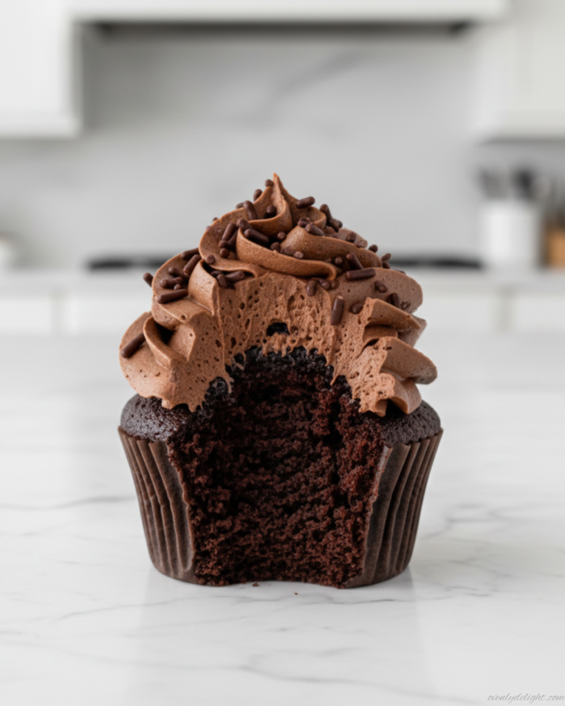 Fresh chocolate cupcakes with creamy frosting and a light sprinkle of cocoa powder