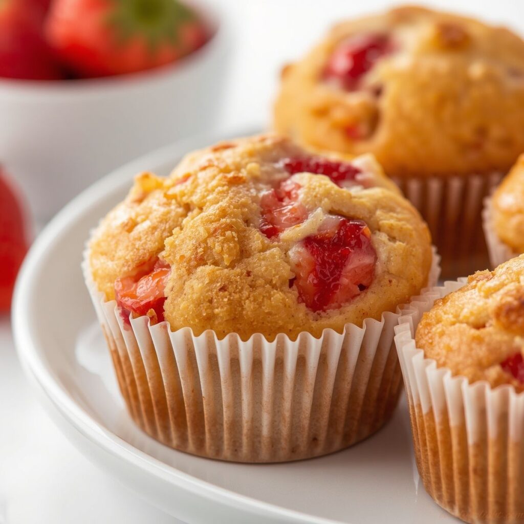 Fresh homemade Strawberry Muffins with juicy strawberries and bakery-style tops