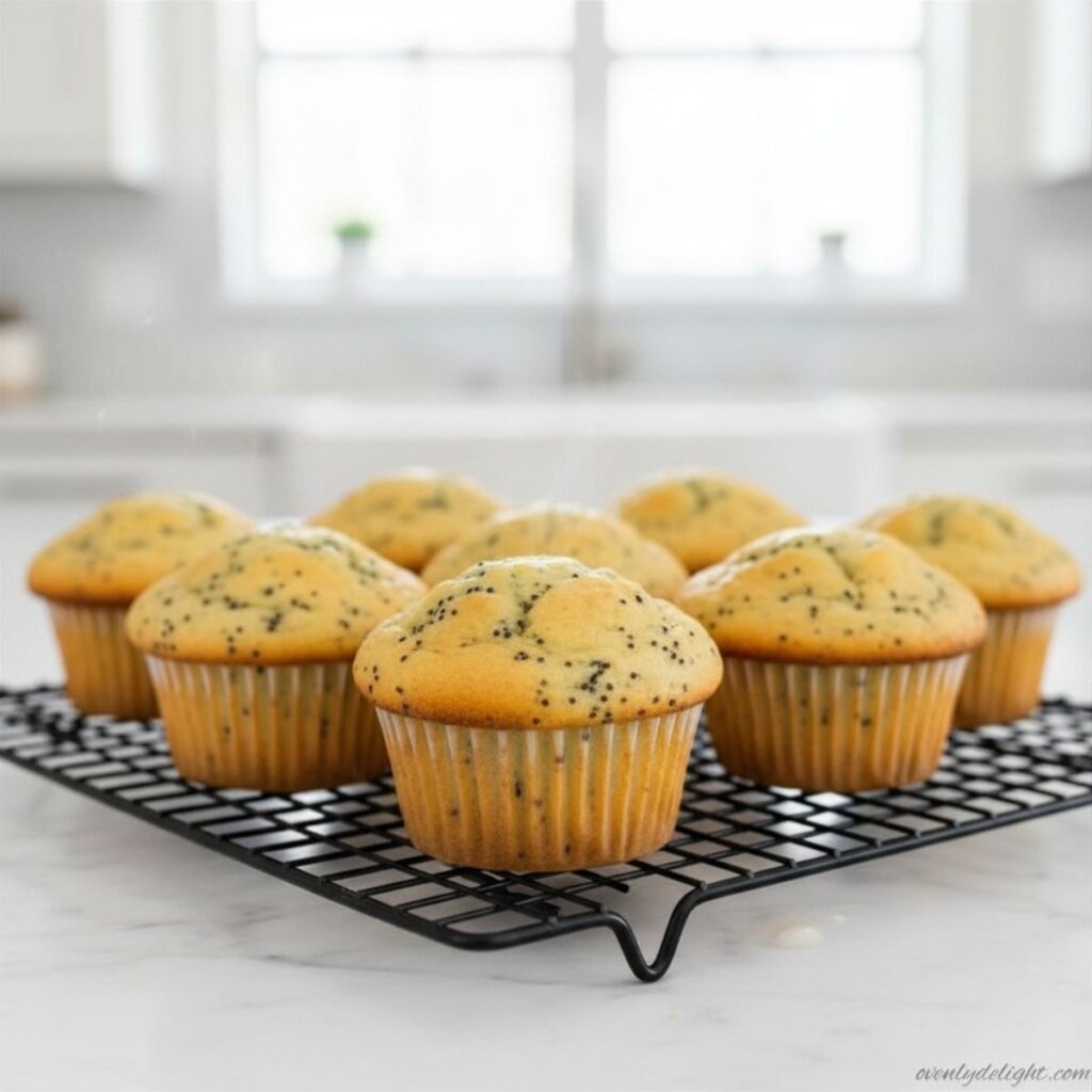 Fresh homemade lemon poppy seed muffins with bright citrus flavor and sweet icing drizzle