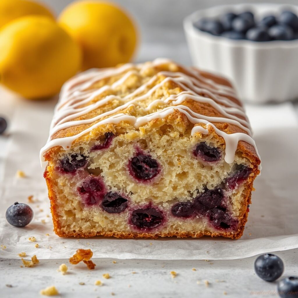 Fresh lemon blueberry bread with juicy berries and a soft, moist crumb.