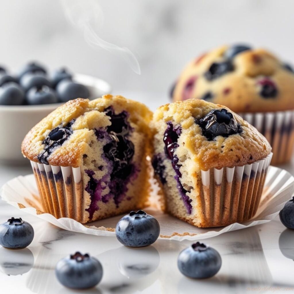 Freshly baked Banana Blueberry Muffins with golden tops.