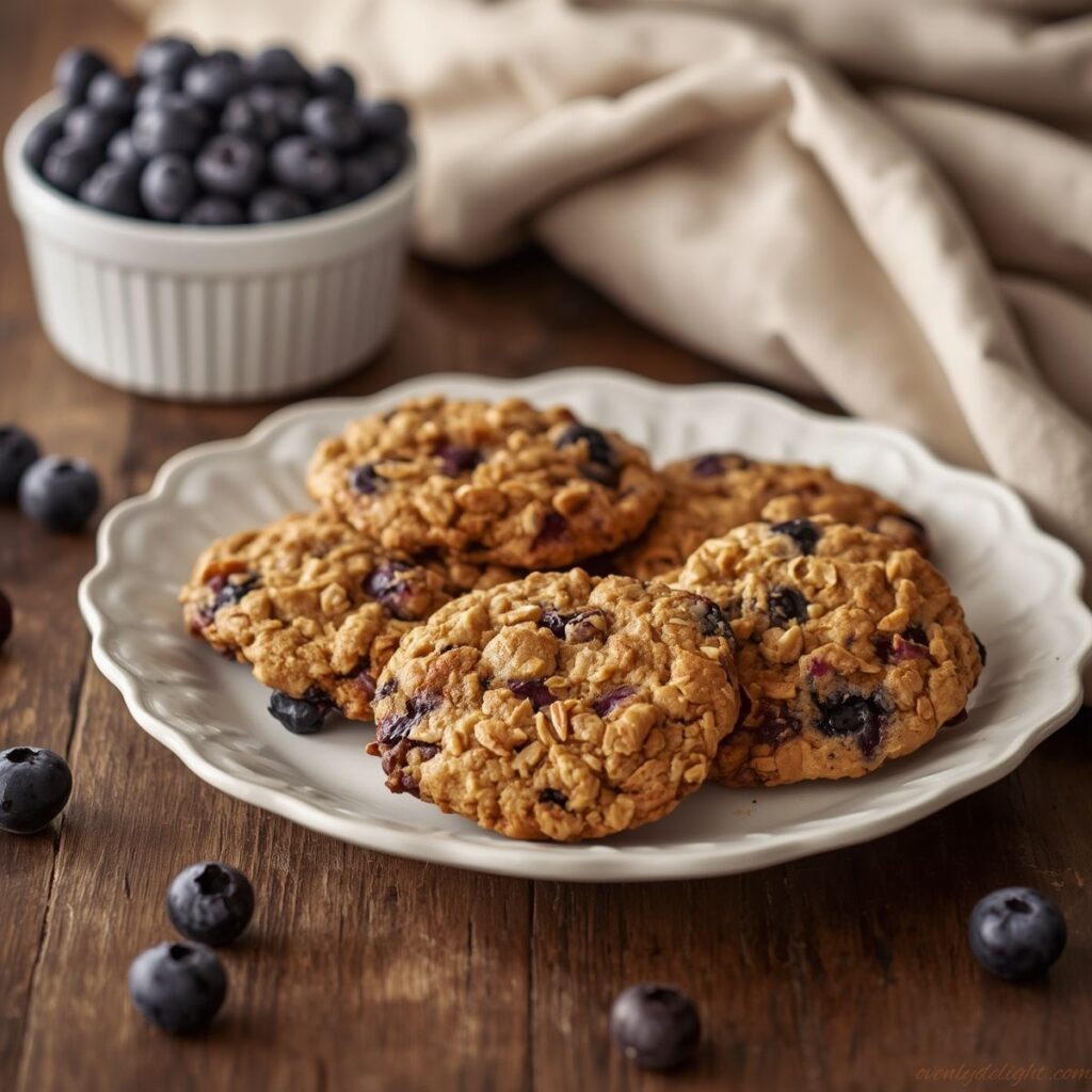 Freshly baked Blueberry Oatmeal Cookies cooling on a wire rack.