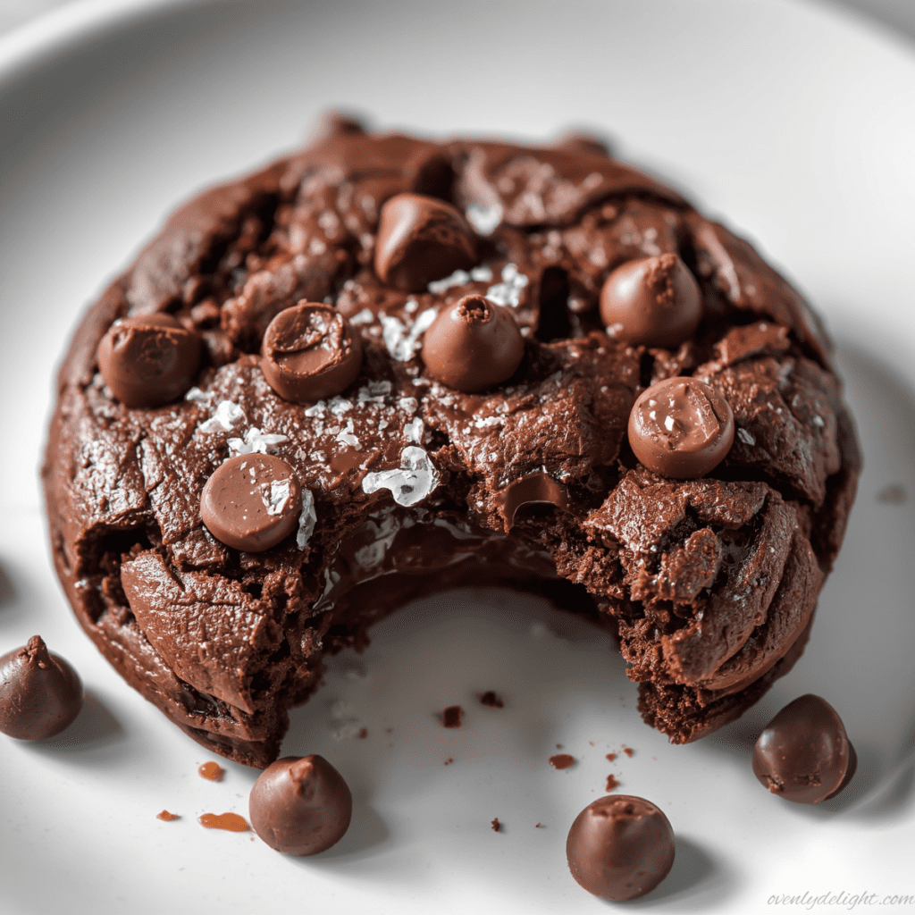 Freshly baked bakery-style chocolate cookies with cracked tops and melted chocolate pieces