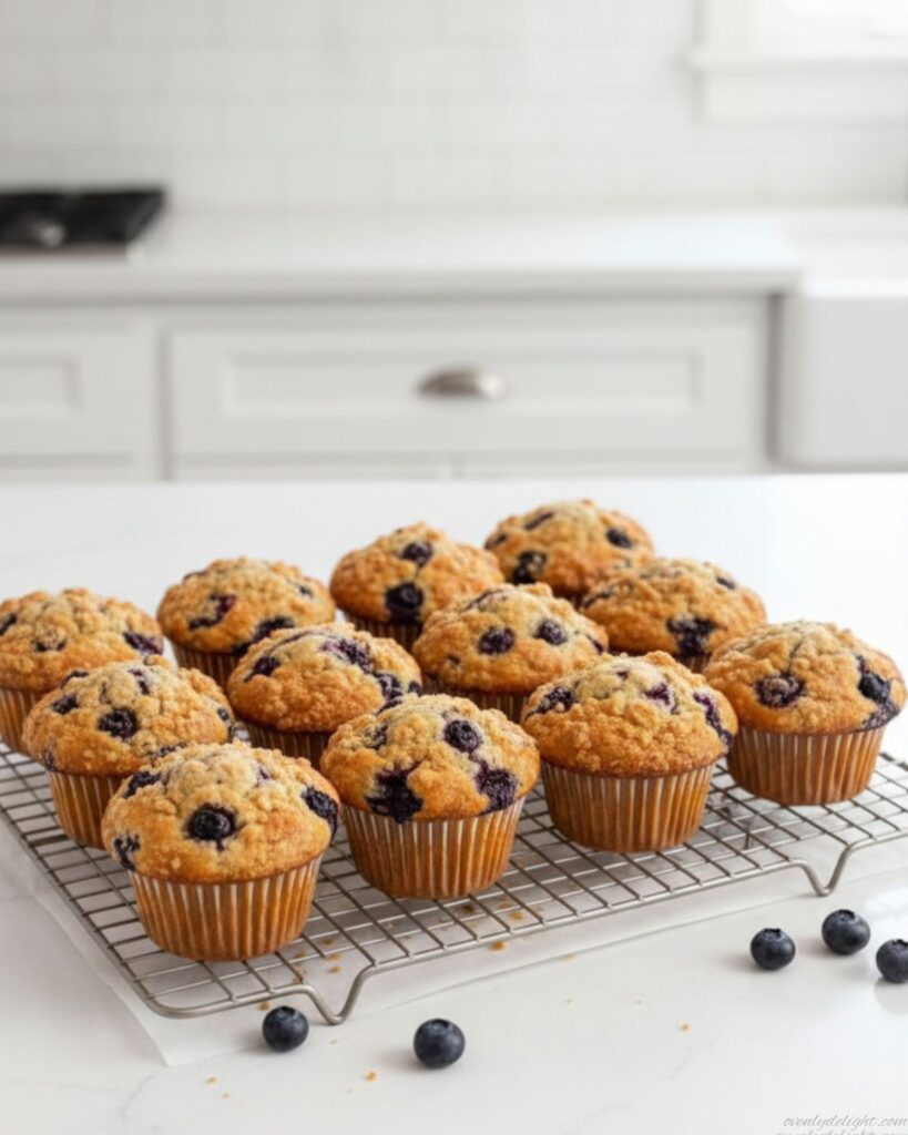 Freshly baked blueberry muffins cooling on a wire rack on a clean white countertop, set in a bright airy luxury kitchen with soft natural lighting and realistic baking photography style.