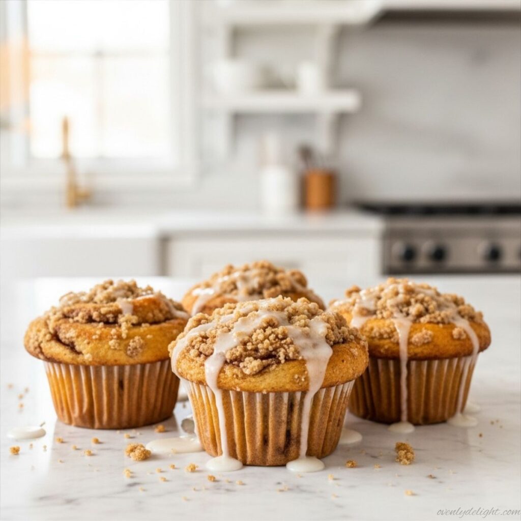 Freshly baked cinnamon roll muffins topped with creamy glaze and cinnamon swirl.