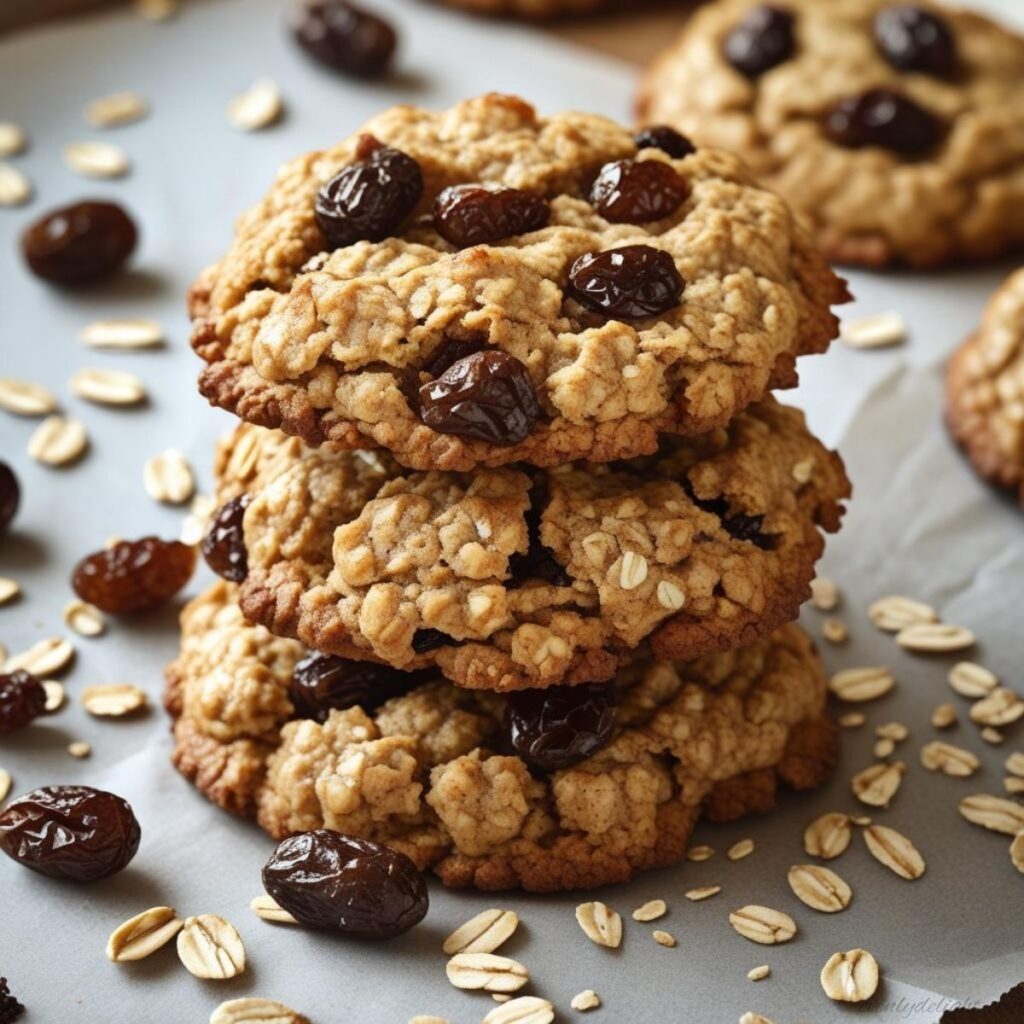 Freshly baked oatmeal raisin cookies cooling on a wire rack.