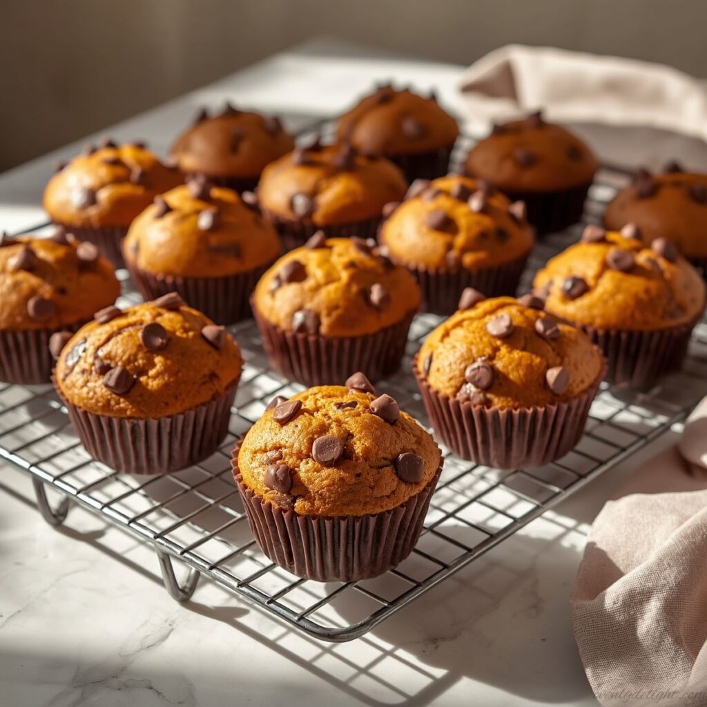 Freshly baked pumpkin chocolate chip muffins with melted chocolate chips on top.