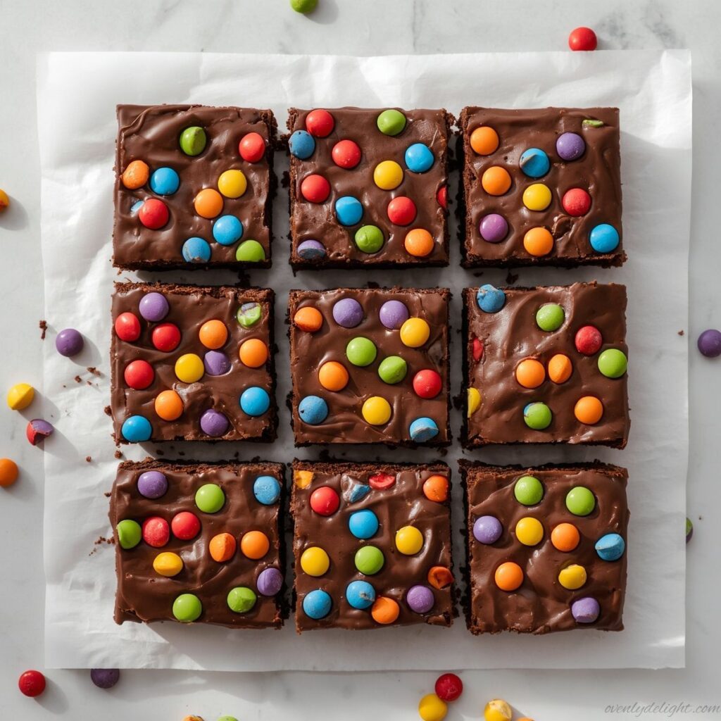 Fudgy homemade Cosmic Brownies topped with chocolate ganache and colorful candy-coated chocolate chips in an 8x8 pan