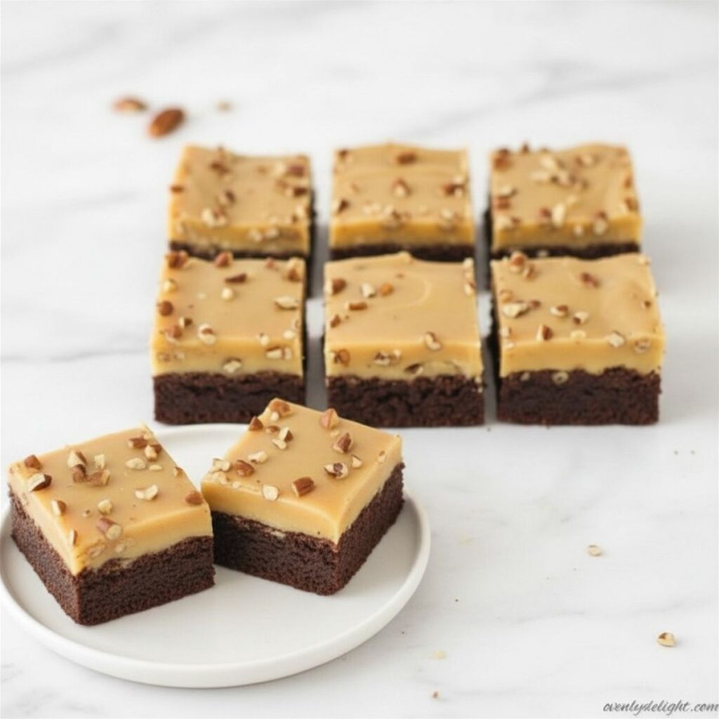 Fudgy praline pecan brownies with a buttery caramel topping.