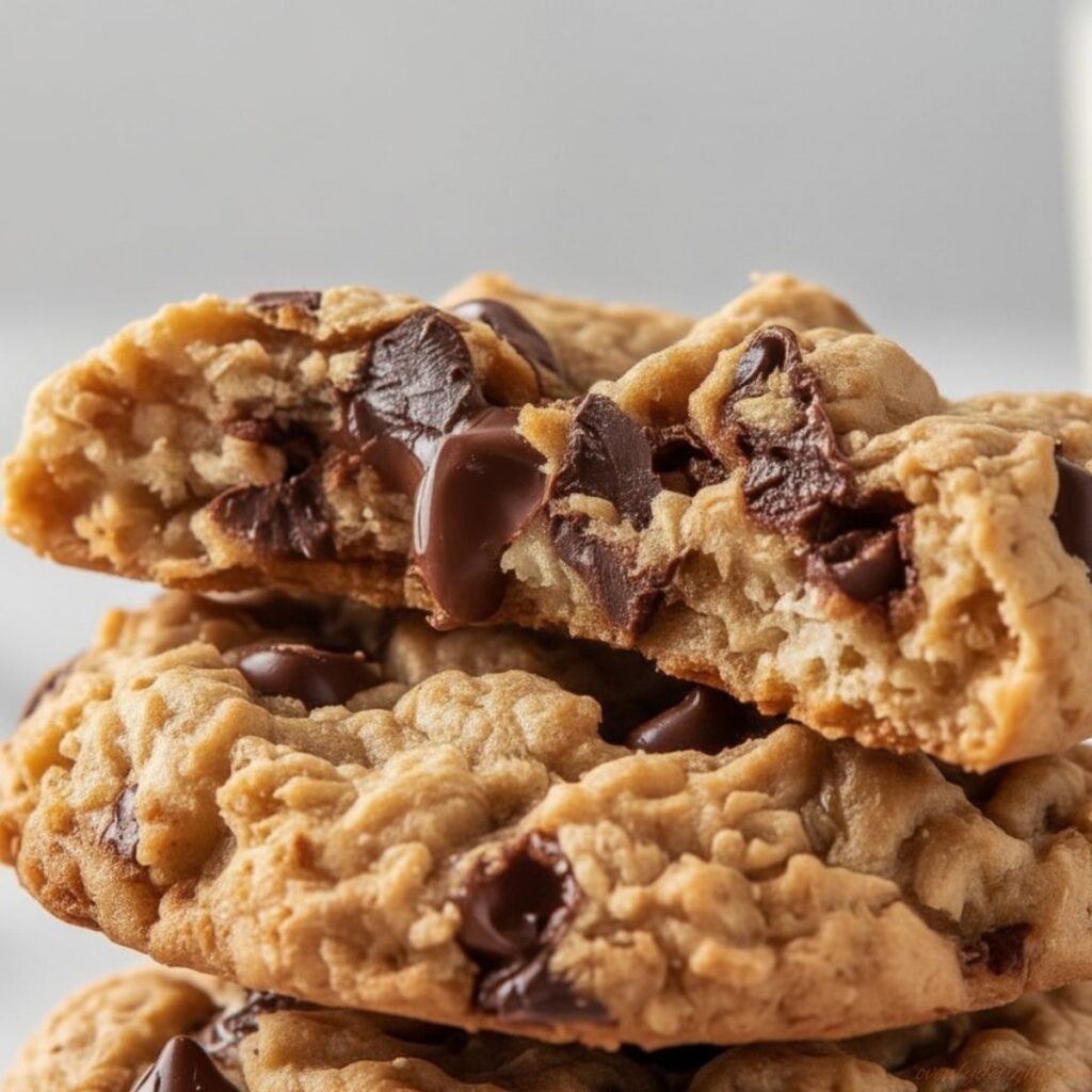 Golden brown peanut butter oatmeal chocolate chip cookies with melty chocolate chips