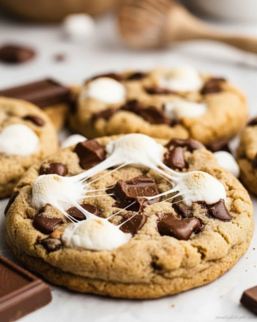 Gooey s’mores cookies topped with toasted marshmallow and melted chocolate