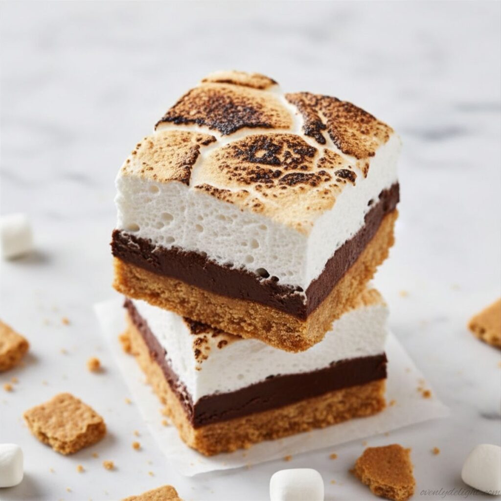 Graham cracker crust pressed into baking pan for s’mores fudge bars