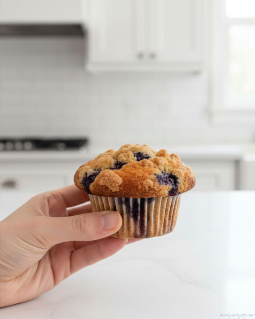 Hand holding a blueberry muffin close to the camera, showing fluffy texture and visible blueberries, set against a white countertop and bright luxury kitchen in natural lifestyle food photography.