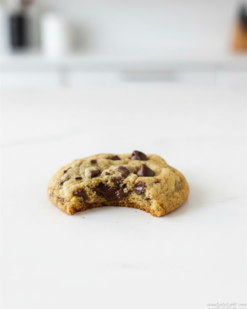 Homemade brown butter chocolate chip cookies stacked on a plate, featuring golden edges and rich chocolate pockets.
