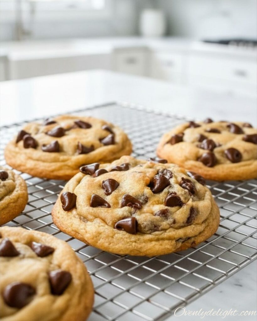 Bakery style chocolate chip cookies made from scratch with melted chocolate chips