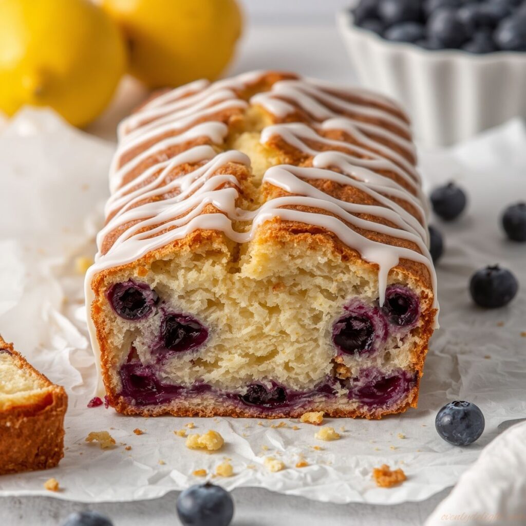 Homemade lemon blueberry loaf drizzled with lemon glaze and bursting with blueberries.